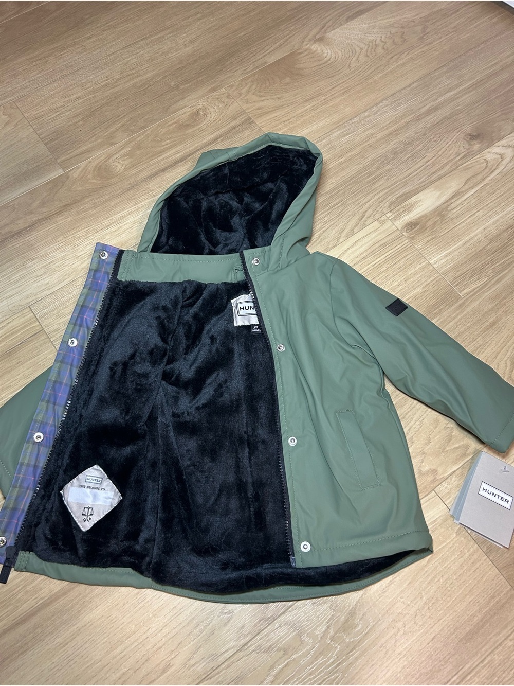 Hunter Kids Olive Green Hooded Raincoat with Black Lining - Picture 2 of 8